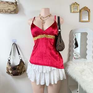 Y2K Anxiety Red Velvet Cami Top with Gold Sequin Detail